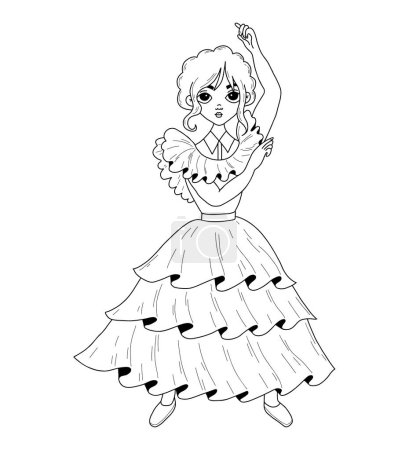 Illustration for This is fantasy dancing of wednesday girl. Vector illustration. outline hand drawing cute character fantasy girl - Royalty Free Image