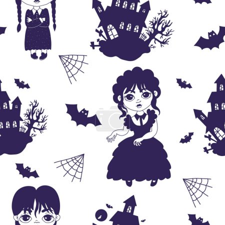 Illustration for Seamless mystical pattern with gothic dancing girl wednesday on white background with scary house, bats and cobwebs. Vector illustration in doodle style Cute kids collection Halloween background - Royalty Free Image
