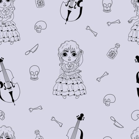 Illustration for Seamless mysterious pattern with dancing girl on purple background with rum, cello and skulls. Vector outline illustration in doodle style. Cute kids collection. Halloween background - Royalty Free Image