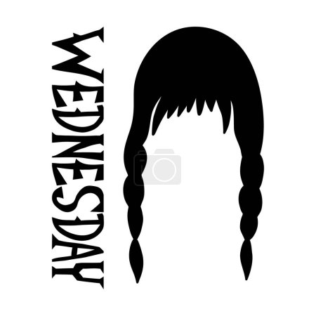 Illustration for Wednesday. Silhouette gothic girl with two braids hairstyle. Vector hand drawing and lettering isolated on white background - Royalty Free Image
