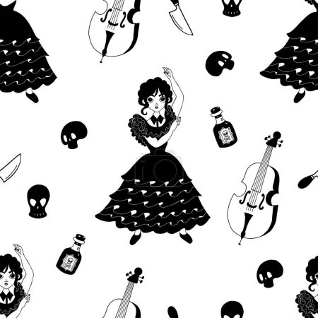 Illustration for Mysterious seamless pattern with gothic dancing girl wednesday on white background with skulls, rum and musical instrument cello. Vector illustration in doodle style Cute Halloween background - Royalty Free Image