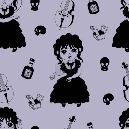 Illustration for Mysterious seamless pattern with dancing girl wednesday on purple background with hand thing, skulls, rum and cello. Vector illustration in doodle style Cute kids collection Halloween background - Royalty Free Image