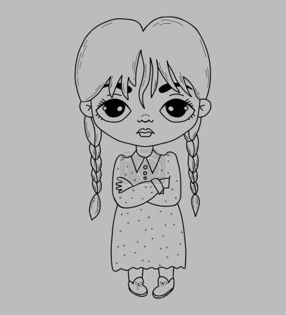 Illustration for Little cute Wednesday girl with braids with dress. Vector illustration. Hand outline drawing - Royalty Free Image