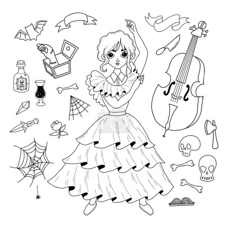 Illustration for Wednesday. Halloween outline doodles. Dancing pretty girl, bat, cello, rum, skull, hand thing cobweb and knife. Vector illustration. Isolated line hand drawings for festive design - Royalty Free Image