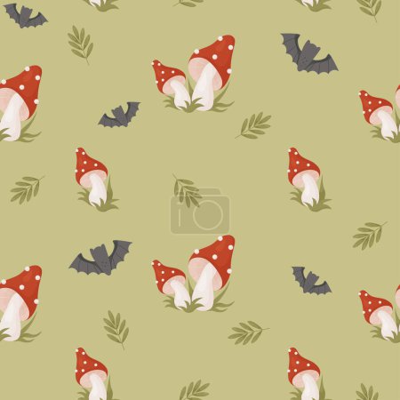 Seamless pattern with poisonous fly agaric mushrooms and bats on green background. Vector illustration in cartoon style for Halloween design, decor, textile, wallpaper and print
