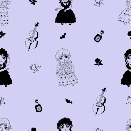 Illustration for Seamless mysterious pattern with gothic dancing girl wednesday on purple background. Vector illustration in doodle style Cute kids collection Halloween background - Royalty Free Image