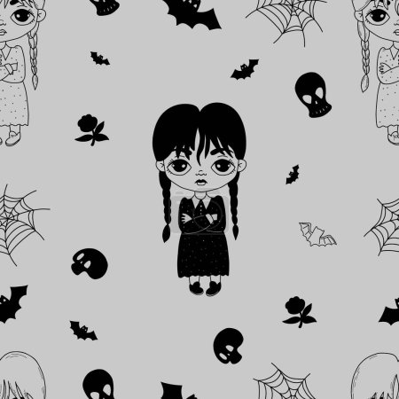 Illustration for Wednesday. Seamless pattern Halloween with girls with braids with dress on gray background with skulls, bat and cobwebs. Vector illustration in doodle style. Hand outline and black drawing - Royalty Free Image