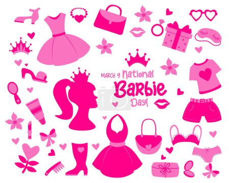 Téléchargez les illustrations : Journée nationale de la Barbie 9 mars. Collection nostalgique de barbiecore rose. Illustration vectorielle. Éléments glamour accessoires pour fille princesse. Silhouette isolée pour un design à la mode - en licence libre de droit