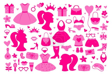 Trendy rosa Barbiecore Kollektion. Vektorillustration. Vereinzelte nostalgische glamouröse Elemente Accessoires für Mädchen Prinzessin, Silhouette für Design 9. März National Barbie Day