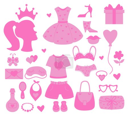Illustration for Nostalgic pink barbiecore collection. Vector illustration. Isolated Glamorous elements accessories for girl princess for design National Barbie Day March 9 - Royalty Free Image