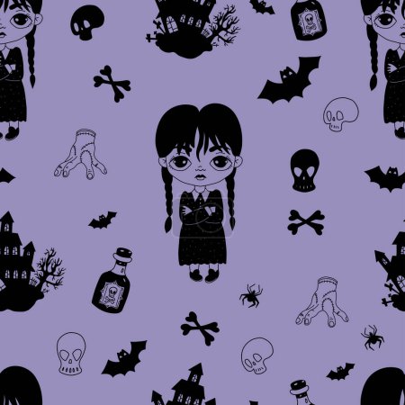 Illustration for Seamless pattern Halloween with gothic girls with braids with dress on purple background with mystical castle house, bats, skulls and rum. Vector illustration in doodle style. Hand silhouette drawing - Royalty Free Image