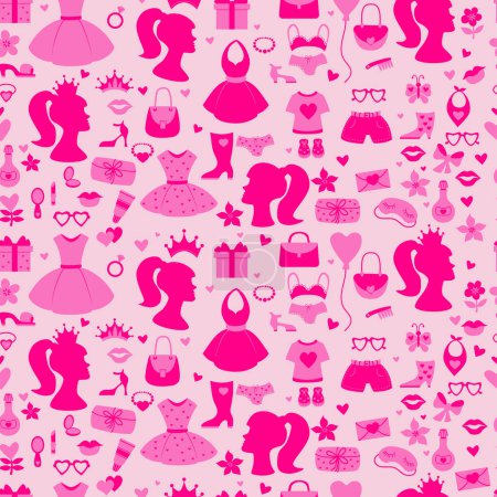 Illustration for Barbiecore pink seamless pattern. Nostalgic Glamorous trendy things fashion accessories, clothes, handbags, Feminine portrait on pink background. Vector illustration. National Barbie Day March 9 - Royalty Free Image