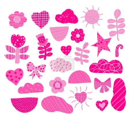 Illustration for Pink aesthetic modern minimalistic shapes. Collection Barbiecore of decorative flowers, hearts, spots and abstract figure. Vector illustration. Isolated cut form elements for design, decor, decoration - Royalty Free Image