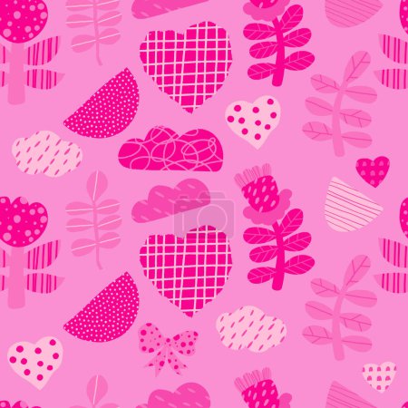 Illustration for Abstract pink aesthetic seamless pattern Barbiecore. Glamorous trendy minimalistic shapes, decorative flower and hearts on pink background. Vector illustration - Royalty Free Image