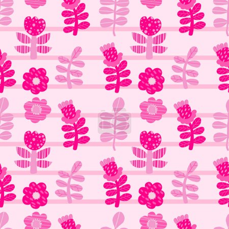 Illustration for Pink aesthetic trendy seamless pattern. Decorative minimalist flowers and leaves on pink background. Vector illustration. Collection barbiecore for design, textile, wallpaper, packaging - Royalty Free Image