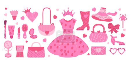 Illustration for Pink female aesthetic. Fashion doll Barbiecore collection. Trendy glamorous accessories, clothes, cosmetics, shoes, handbag, glasses and crown for girl princess. Isolated Vector decorative elements - Royalty Free Image