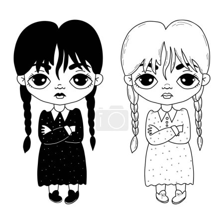 Illustration for Wednesday. Little cute girl with braids with dress. Hand outline and black drawing. Vector illustration. Isolated cartoon funny characters in doodle style on white background - Royalty Free Image