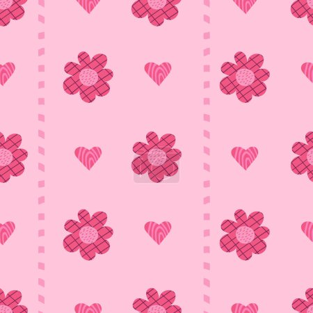 Illustration for Pink trendy seamless pattern. Decorative minimalist flowers and hearts on pink background. Vector illustration. pink aesthetic barbiecore for design, textile, wallpaper, packaging - Royalty Free Image