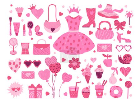 Illustration for Pink aesthetic barbiecore collection. Isolated glamorous elements accessories, clothes, cosmetics, food, sweets, gift and balloons for girl princess. Vector illustration in decorative hand drawn style - Royalty Free Image