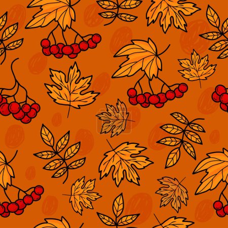 Téléchargez les illustrations : Modèle sans couture automne. Des grappes de baies rouges rowan d'automne sur fond orange avec des feuilles jaunes. Illustration vectorielle automnale pour le design, l'emballage, le papier peint et le textile - en licence libre de droit
