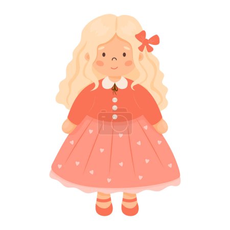 Children toy doll. Beautiful cute curly blonde girl with long hair in red dress. Vector illustration in cartoon style