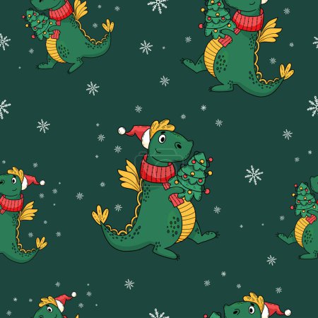Ilustración de Patrón sin costuras de Navidad. Lindo dragón con árbol de Navidad sobre fondo verde con copos de nieve. Ilustración vectorial. 2024 dragón año según calendario oriental - Imagen libre de derechos