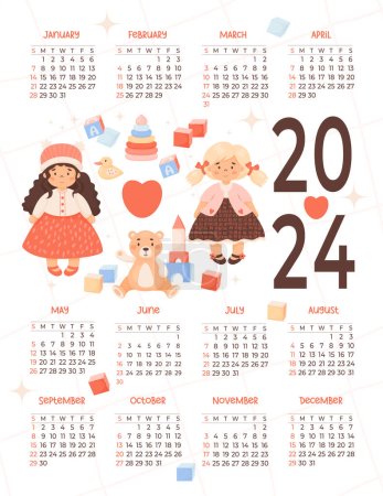 Illustration for Kids annual calendar 2024 Cute Children toys, girl doll, plush toys in cartoon style on white background. Vector vertical template 12 months in English. Week on Sunday. Stationery, print, organizer - Royalty Free Image