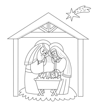 Christmas Holy Family. Cute Virgin Mary, saint Joseph and baby Jesus. Birth of Savior Christ. Vector illustration. outline hand drawing doodle for Xmas holiday design