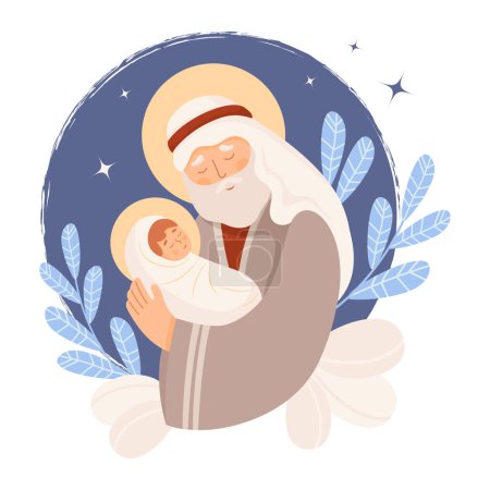 Illustration for Christmas. Saint Joseph the Betrothed. Holy Forefather with baby Jesus Christ. Holy Night. Vector illustration in cartoon flat style for design religious themes, Catholic and Christian holidays - Royalty Free Image