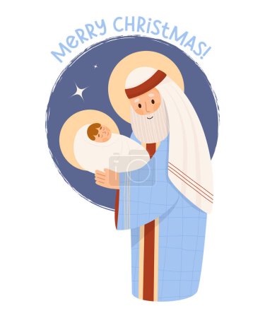 Illustration for Christmas. old man Saint Joseph the Betrothed with baby Jesus Christ. Holy Forefather. Vector illustration in cartoon flat style for design religious themes, Catholic and Christian holidays - Royalty Free Image
