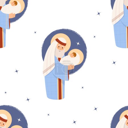 Illustration for Christmas seamless pattern. Holy family saint Joseph with baby Jesus Christ on white background. vector illustration for xmas holiday design, wallpaper, decor, print, packaging - Royalty Free Image