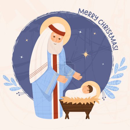 Illustration for Merry Christmas retro card. old man Saint Joseph with baby Jesus Christ in manger. Holy Forefather. Vector illustration in cartoon flat style for design religious themes, Catholic Christian holidays - Royalty Free Image