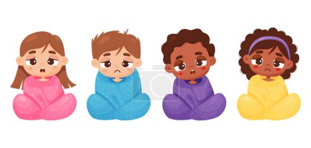 Illustration for Collection sad diversity boys and girls wrapped in blanket. Sick suffering fair-skinned and dark ethnic cute children. Vector illustration in cartoon style. Isolated kids characters on white - Royalty Free Image