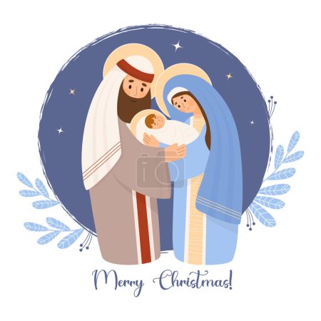 Illustration for Holy Family. Merry Christmas card. Cute Virgin Mary, saint Joseph and baby Jesus Christ. Birth of Savior. Vector illustration in cartoon flat style for Xmas holiday design, decor, postcards - Royalty Free Image