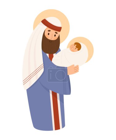 Illustration for Christmas. Saint Joseph the Betrothed with baby Jesus Christ. Holy Forefather. Vector illustration in cartoon flat style for design religious themes, Catholic and Christian holidays - Royalty Free Image