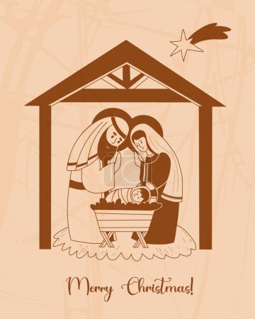 Merry Christmas card. Holy Family. Nativity. Virgin Mary, saint Joseph and baby Jesus. Birth of Savior Christ. Vector illustration in hand drawing doodle style for Xmas holiday design, postcard