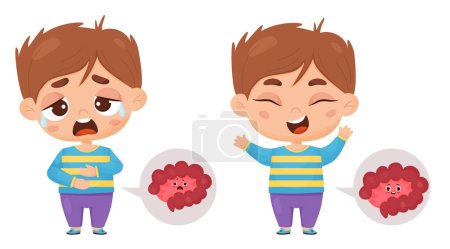 Illustration for Collection with sick boy suffering from pain in intestines and healthy child with character of internal organ intestine. Abdominal pain and health concept. Vector illustration in cartoon style - Royalty Free Image