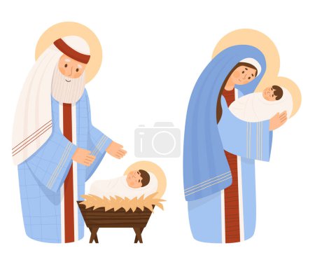 Illustration for Christmas religious characters. Holy Family. Virgin Mary, Saint Joseph and baby Jesus in manger. Birth of Savior Christ. Vector isolate illustration in cartoon style on white for Xmas design - Royalty Free Image