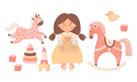 Illustration for Cute collection children toys. Little girl with ponytails in dress, doll toy, rocking horse, cubes, unicorn soft toy, duck and pyramid. Vector illustration. Isolated kids elements in cartoon style - Royalty Free Image