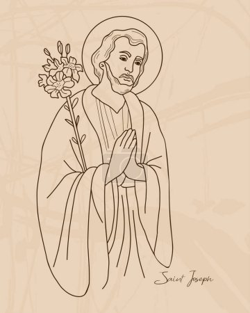 Illustration for Saint Joseph the Betrothed. Holy Forefather with blooming lily. Vector illustration. Hand drawn outline for decoration of religious themes, Catholic and Christian holidays - Royalty Free Image