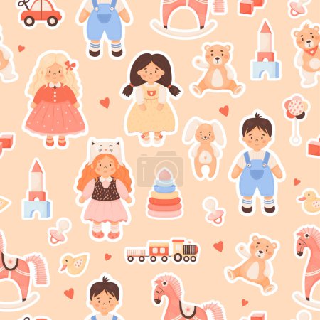 Illustration for Children toys seamless pattern. Cute doll girls and boy, plush toys, rocking horse, pyramid, car, train, cubes, pacifier and rattle on beige background. Vector kids illustration in cartoon style - Royalty Free Image