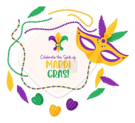 Illustration for Mardi Gras carnival. Plate with carnival mask, beaded necklaces, feathers and candies. Isolated Vector illustrations in cartoon style - Royalty Free Image