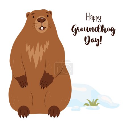 Jolie marmotte animale. Carte de vacances Joyeux Jour de la Marmotte. Le 2 février. Illustration vectorielle