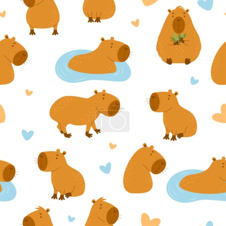 Téléchargez les illustrations : Modèle sans couture. Mignonnes capybaras sur fond blanc. Illustration vectorielle pour le design, papier peint, emballage, textile. collection enfants - en licence libre de droit