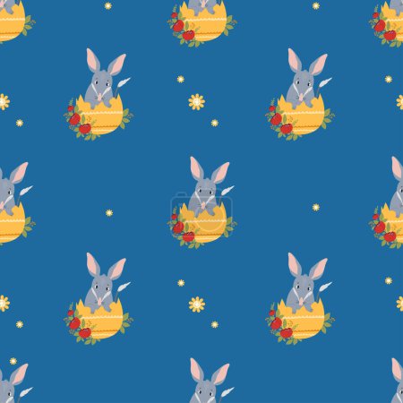 Ilustración de Patrón sin costuras bilby de Pascua. Lindo animal australiano en huevo sobre fondo azul. Ilustración vectorial para diseño, papel pintado, embalaje, textil - Imagen libre de derechos