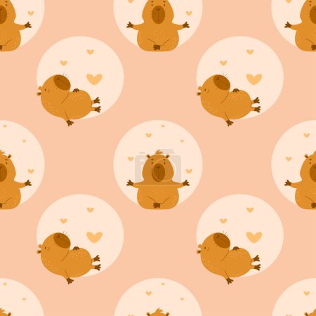 Modèle sans couture. Personnages mignons capybara faire du yoga et animal endormi sur fond clair. Illustration vectorielle pour le design, papier peint, emballage, textile. collection enfants
