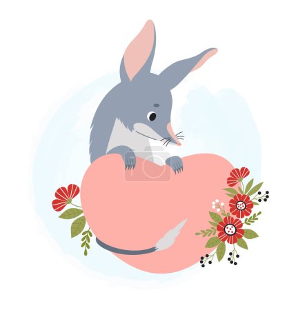 Ilustración de Lindo bilby con corazón y flores. Animal australiano. Carácter enamorado de Valentine. Ilustración vectorial en estilo plano de dibujos animados - Imagen libre de derechos
