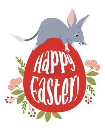 Baby bilby animal on big Easter egg and flowers. Cute Australian animal. Happy Easter greeting card. Vector illustration 