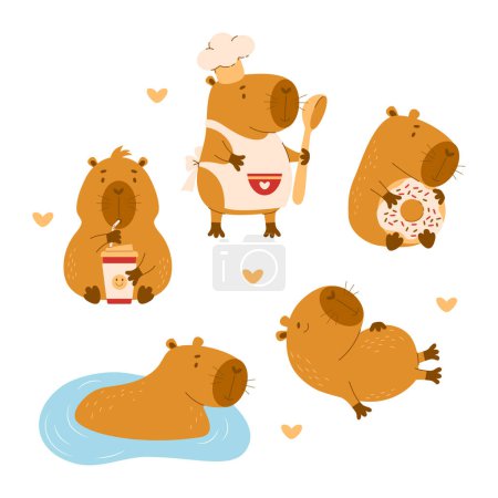 Téléchargez les illustrations : Mignonne collection de personnages Capybara. Cuire à la cuillère, au café et au beignet, dans l'eau et les animaux endormis. Rongeur drôle isolé. Illustration vectorielle en style plat. collection enfants - en licence libre de droit