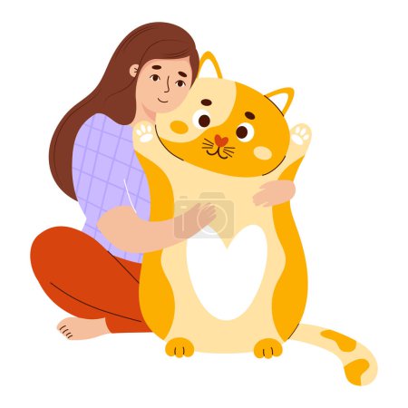 Ilustración de Chica abraza gran felpa juguete gato. Suave anti-estrés peluche de almohada de gran tamaño. mujer con cómodo animal lindo para dormir y jugar. Ilustración vectorial en estilo plano - Imagen libre de derechos
